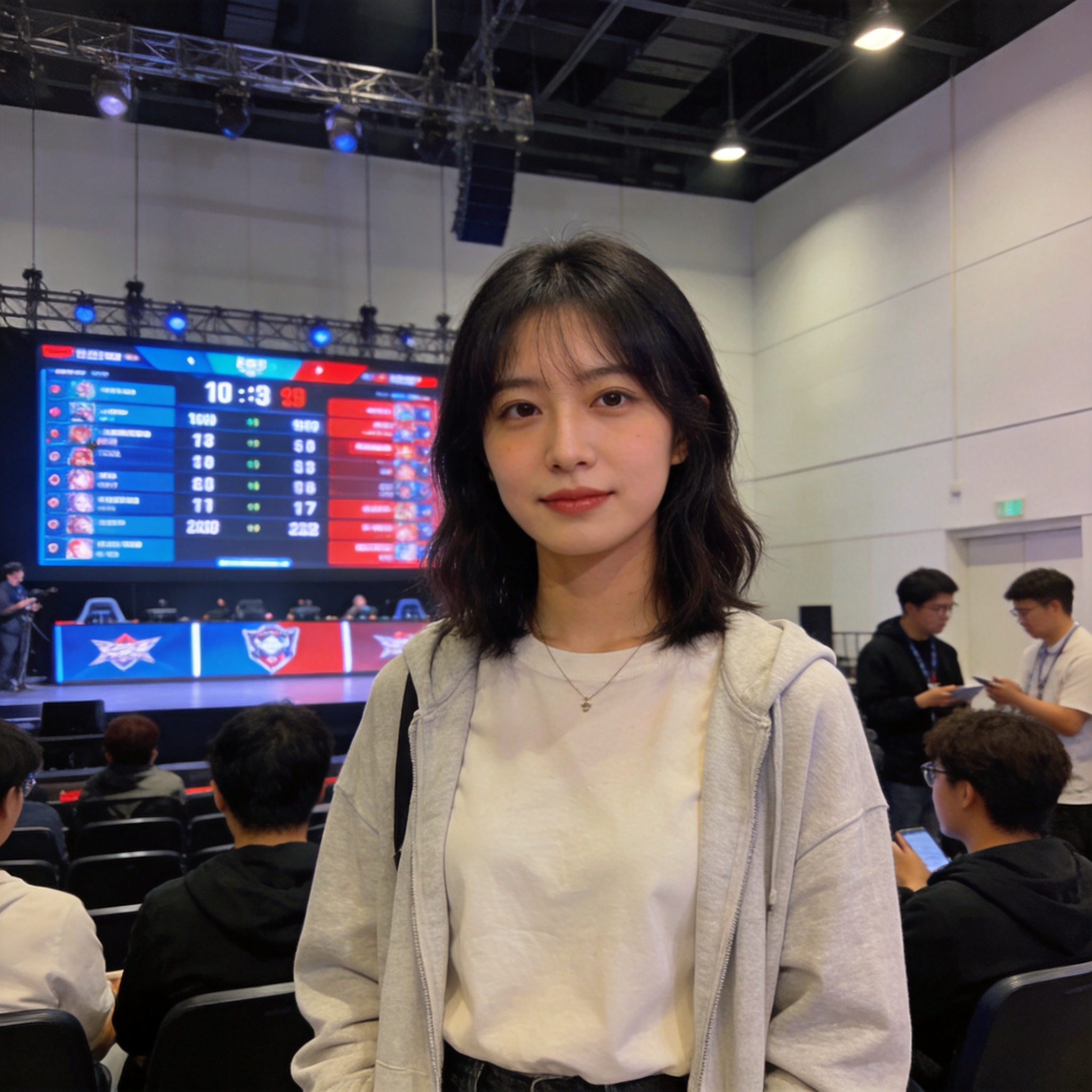 电竞赛事舞台现场,选手坐在比赛席位上进行对局